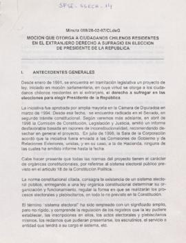 Minuta 088 28-02-1997 CLdeG Moción que otorga a ciudadanos chilenos residentes en el extranjero derecho a sufragio en elección de Presidente de la República