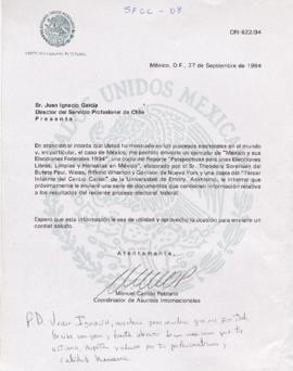 Carta de Manuel Carillo Poblano Coordinador de Asuntos Internacionales de IFE México