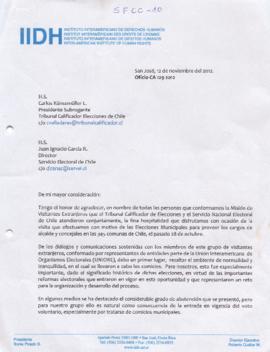 Carta del Instituto Interamericano de Derechos Humanos agradeciendo la recepción de delegación visitante a Elecciones Municipales 2012